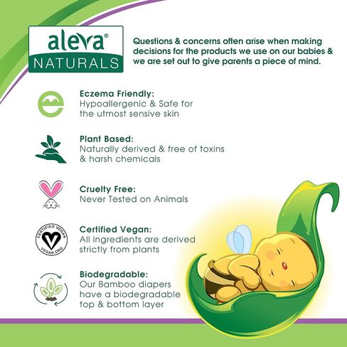 حفاضات أطفال من الخيزران مضادة للحساسية من Aleva Naturals، فائقة النعومة، صديقة للبشرة الحساسة، قابلة للتحلل البيولوجي، للاستعمال مرة واحدة - مقاس 2 (6-17 رطل/3-8 كجم) | 30 قيراط، 37845 in Kuwait