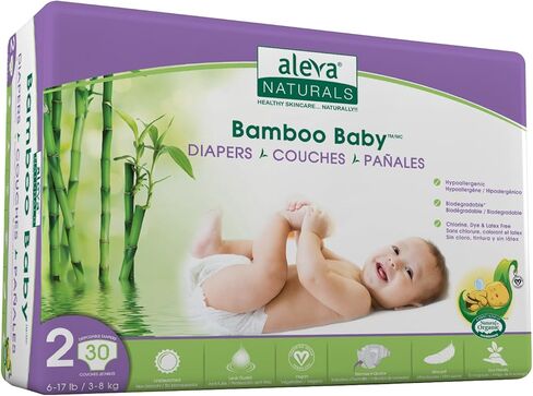 حفاضات أطفال من الخيزران مضادة للحساسية من Aleva Naturals، فائقة النعومة، صديقة للبشرة الحساسة، قابلة للتحلل البيولوجي، للاستعمال مرة واحدة - مقاس 2 (6-17 رطل/3-8 كجم) | 30 قيراط، 37845 in Kuwait