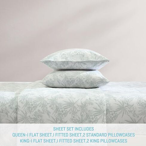 تومي باهاما - ملاءات كينج، طقم مفروشات قطن بيركال، هش ورائع، ديكور منزلي أنيق (قلم وحبر أخضر النخيل، كينج) in Kuwait