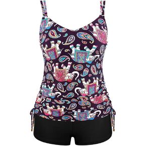 Septangle V Neck Two Piece Tankini Swimsuit Vintage Tummy Control Bathing Suit Ruched Swimwear