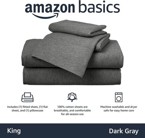 Amazon Basics Cotton Jersey 3-Piece Bed Sheet Set, Twin, Dark Gray, Solid in Kuwait