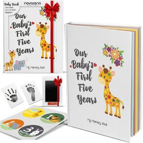 First 5 Years Baby Memory Book Journal Scrapbook 48 Pack Monthly Milestones Stickers & Clean-Touch Baby Safe Ink Pad