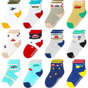 Toddler Non Slip Grip Crew Socks for 1-7 Years Baby Kids Boys Girls | Grip Cotton Socks 12 Pack Multi Colors for 1-3T/3-5T/5-7 Years Unisex in Saudi Arabia