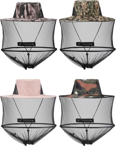 4 Pieces Mosquito Head Mesh Mosquito Cap Net Hat Face Cover with Zipper Foldable Fly Protection Netting Hat for Fishing Hiking Gardening, 4 Colors in Saudi Arabia