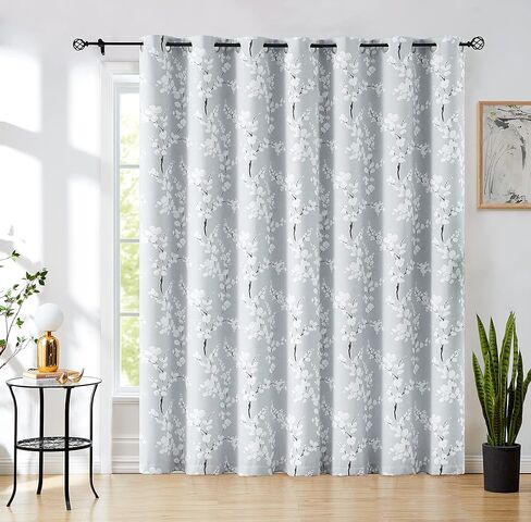 FMFUNCTEX ستائر باب زجاجية منزلقة باللون الرمادي والأبيض لغرفة النوم 100% ستائر تعتيم كاملة لغرفة المعيشة البلد طباعة الأزهار ستائر نافذة واسعة للغاية 100 بوصة عرض × 84 لتر قطعة واحدة in Kuwait
