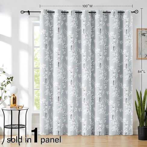 FMFUNCTEX ستائر باب زجاجية منزلقة باللون الرمادي والأبيض لغرفة النوم 100% ستائر تعتيم كاملة لغرفة المعيشة البلد طباعة الأزهار ستائر نافذة واسعة للغاية 100 بوصة عرض × 84 لتر قطعة واحدة in Kuwait