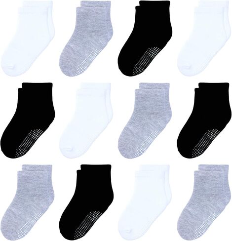 Toddler Non Slip Grip Crew Socks for 1-7 Years Baby Kids Boys Girls | Grip Cotton Socks 12 Pack Multi Colors for 1-3T/3-5T/5-7 Years Unisex in Saudi Arabia