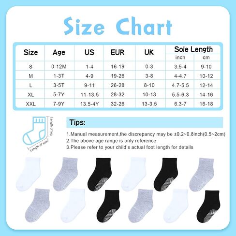 Toddler Non Slip Grip Crew Socks for 1-7 Years Baby Kids Boys Girls | Grip Cotton Socks 12 Pack Multi Colors for 1-3T/3-5T/5-7 Years Unisex in Saudi Arabia