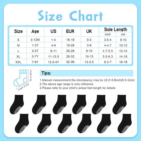 Toddler Non Slip Grip Crew Socks for 1-7 Years Baby Kids Boys Girls | Grip Cotton Socks 12 Pack Multi Colors for 1-3T/3-5T/5-7 Years Unisex in Saudi Arabia