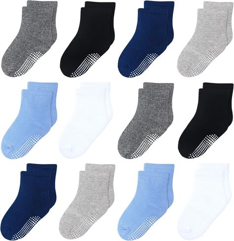 Toddler Non Slip Grip Crew Socks for 1-7 Years Baby Kids Boys Girls | Grip Cotton Socks 12 Pack Multi Colors for 1-3T/3-5T/5-7 Years Unisex in Saudi Arabia