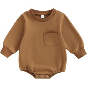 DNOMAID YZARC Baby Boy Girl Solid Color Sweatshirt Romper Oversized Long Sleeve Pocket Bubble Romper Sweater Bodysuit Outfit