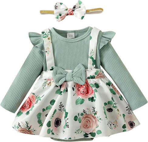 Baby Girl Winter Clothes Toddler Girl Spring Outfit Long Sleeve Ruffle Romper Suspender Skirt Headband Set in Saudi Arabia