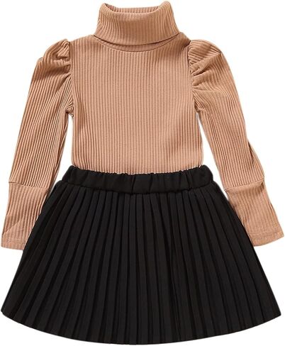 Toddler Baby Girl Clothes Set Long Sleeve Turtleneck Ribbed Knit Sweater Tops Pleated Skirt Spring Fall Skirt Set 2Pcs in Kuwait