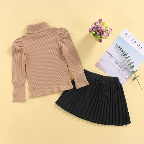 Toddler Baby Girl Clothes Set Long Sleeve Turtleneck Ribbed Knit Sweater Tops Pleated Skirt Spring Fall Skirt Set 2Pcs in Kuwait
