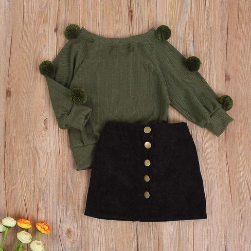 أطفال طفل طفلة الخريف الشتاء الزي طويل الأكمام Pompom محبوك قميص سترة أعلى زر تنورة 2PCS الملابس مجموعة in Kuwait
