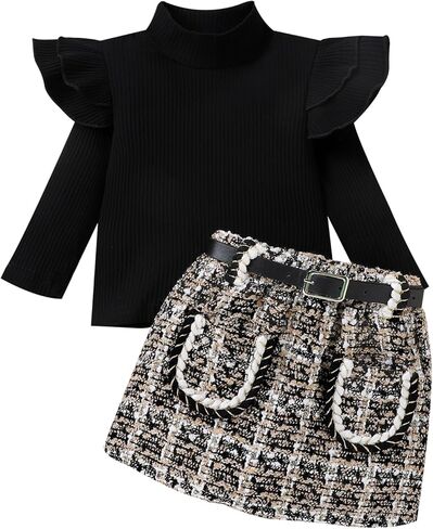 Baby Toddler Girl Outfits Fall Winter Clothes Turtleneck Knitted Cotton Long Sleeves Pullover Tops & Button Mini Skirts Set in Kuwait