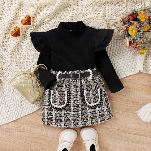 Baby Toddler Girl Outfits Fall Winter Clothes Turtleneck Knitted Cotton Long Sleeves Pullover Tops & Button Mini Skirts Set in Kuwait