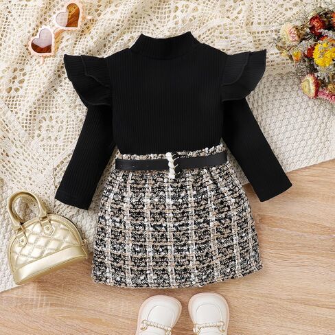 Baby Toddler Girl Outfits Fall Winter Clothes Turtleneck Knitted Cotton Long Sleeves Pullover Tops & Button Mini Skirts Set in Kuwait