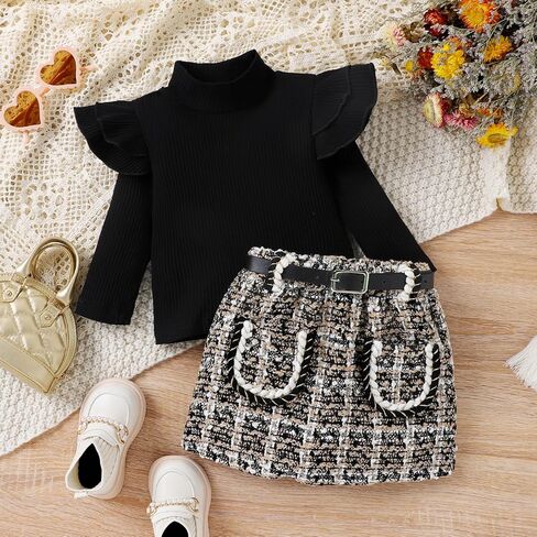 Baby Toddler Girl Outfits Fall Winter Clothes Turtleneck Knitted Cotton Long Sleeves Pullover Tops & Button Mini Skirts Set in Kuwait