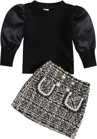 fhutpw Baby Toddler Girl Outfits Fall Winter Clothes Turtleneck Knitted Cotton Long Sleeves Tops & Button Mini Skirts Set in Saudi Arabia