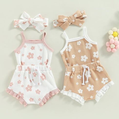 Mubineo Baby Girl 3PCS Summer Boho Rompers Outfits Bodysuit Shorts Clothes Headband Set in Kuwait