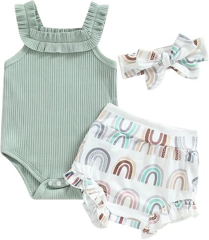 Newborn Baby Girl Summer Clothes Sleeveless Floral Top Ribbed Shorts Boho Outfit Set in Saudi Arabia