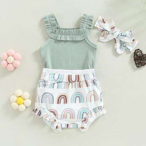 Newborn Baby Girl Summer Clothes Sleeveless Floral Top Ribbed Shorts Boho Outfit Set in Saudi Arabia