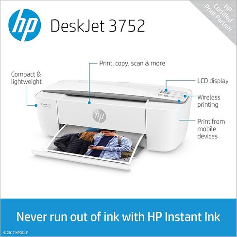 طابعة HP DeskJet 3752 اللاسلكية الكل في واحد النافثة للحبر الملونة المدمجة، المسح الضوئي والنسخ مع الطباعة المحمولة، T8W51A (متجدد) in Kuwait