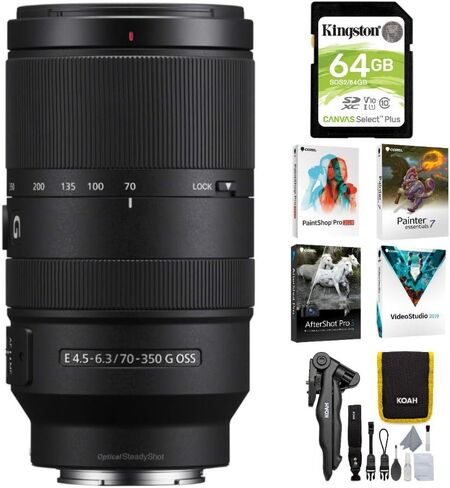 Sony E 70-350mm F4.5-6.3 G OSS Lens with Software Suite, Cleaning Kit, and 64GB SD Card Bundle (4 Items) in Kuwait