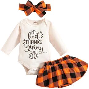 GLIGLITTR Newborn Infant Baby Girls Thanksgiving Romper Cute Pumpkin Bodysuit Plaid Skirt Set+Headband 3Pcs Outfits Set in Kuwait