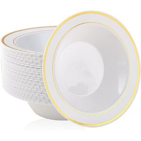JOLLY PARTY 50PCS Black Plastic Bowls with Gold Rim-12oz Disposable Soup Bowls, Christmas Thanksgiving Premium Dessert Salad Bowls for Wedding/Party/Halloween