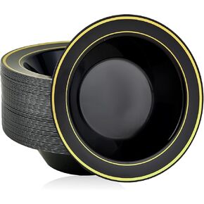 JOLLY PARTY 50PCS Black Plastic Bowls with Gold Rim-12oz Disposable Soup Bowls, Christmas Thanksgiving Premium Dessert Salad Bowls for Wedding/Party/Halloween