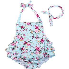 China Rose 50's Floral Ruffles Rompers Backless Dress Bathing Suit Swimwear in Saudi Arabia