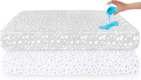 Waterproof Bassinet Sheet 2-Pack, Fits 35"x21" Bassinet, White & Grey | 100% Organic Cotton with Waterproof Backing, Soft & Breathable, Snug Elastic Fit, Star Print, Machine Washable in Saudi Arabia