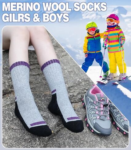 Kids Merino Wool Hiking Socks Boys Girls Toddlers Winter Warm Thick Thermal Cushion Crew Gift Socks 6 Pairs in Kuwait