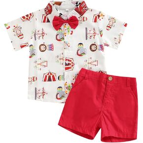 VISGOGO Toddler Boys Outfits Farm/Circus Cartoon Animal Print Shirts with Bow Tie Shorts Set in Kuwait