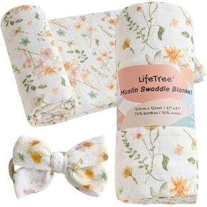 LifeTree Baby Girl Swaddle Blanket Set, Soft & Eco-Friendly, Vintage Floral, 70% Viscose from Bamboo and 30% Cotton Muslin Swaddle Blankets for Newborn with Matching Bow Headband, Large 47 x 47 inches
