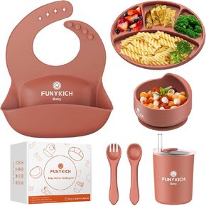 7PCS Silicone Baby Feeding Set, Baby Led Weaning Supplies with Suction Bowl Divided Plate, Adjustable Bibs,Spoons Forks, Sippy Cup&Straw Brush,Self Feeding Eating Utensils for 6+ Months(Blue)