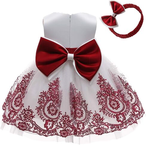 TUIJI 0-6T فستان رسمي للفتيات الصغيرات بعقدة كبيرة على شكل فيونكة فستان مطرز بالدانتيل مع أغطية الرأس in Kuwait