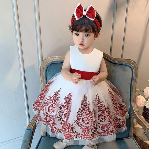 TUIJI 0-6T فستان رسمي للفتيات الصغيرات بعقدة كبيرة على شكل فيونكة فستان مطرز بالدانتيل مع أغطية الرأس in Kuwait