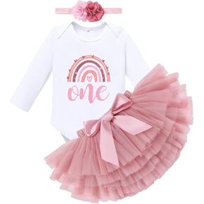 IMEKIS Baby Girl Boho Rainbow 1st 2nd Birthday Outfit Romper + Tutu Skirt + Headband Long Sleeve Cake Smash Photo Shoot in Saudi Arabia