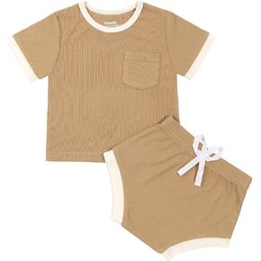TWINOR Bamboo Ribbed Baby Summer Outfits Toddler Boy Girl T-shirt Shorts 2pcs Clothes Set in Kuwait