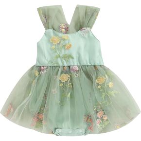 Infant Baby Girl Summer Fairy Romper Dress Adjustable Straps Backless Floral Embroidery Birthday Tutu Dress