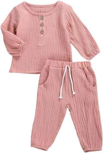 Karuedoo Toddler Baby Boy Girl Cotton Linen Pants Set Solid Long Sleeve T Shirt Top Drawstring Elastic Waist Pants Outfit in Kuwait