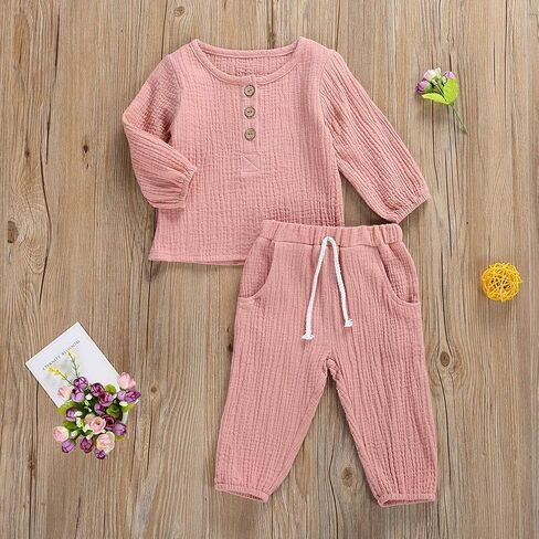 Karuedoo Toddler Baby Boy Girl Cotton Linen Pants Set Solid Long Sleeve T Shirt Top Drawstring Elastic Waist Pants Outfit in Kuwait
