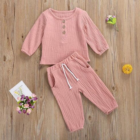 Karuedoo Toddler Baby Boy Girl Cotton Linen Pants Set Solid Long Sleeve T Shirt Top Drawstring Elastic Waist Pants Outfit in Kuwait