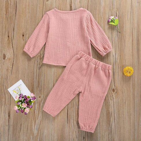 Karuedoo Toddler Baby Boy Girl Cotton Linen Pants Set Solid Long Sleeve T Shirt Top Drawstring Elastic Waist Pants Outfit in Kuwait