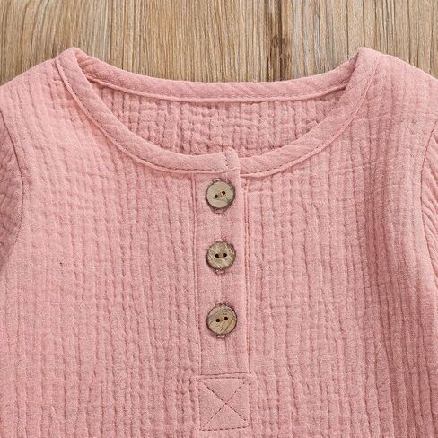 Karuedoo Toddler Baby Boy Girl Cotton Linen Pants Set Solid Long Sleeve T Shirt Top Drawstring Elastic Waist Pants Outfit in Kuwait