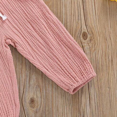Karuedoo Toddler Baby Boy Girl Cotton Linen Pants Set Solid Long Sleeve T Shirt Top Drawstring Elastic Waist Pants Outfit in Kuwait