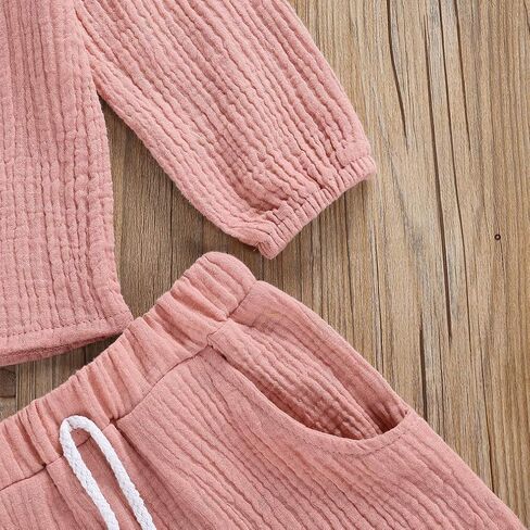 Karuedoo Toddler Baby Boy Girl Cotton Linen Pants Set Solid Long Sleeve T Shirt Top Drawstring Elastic Waist Pants Outfit in Kuwait